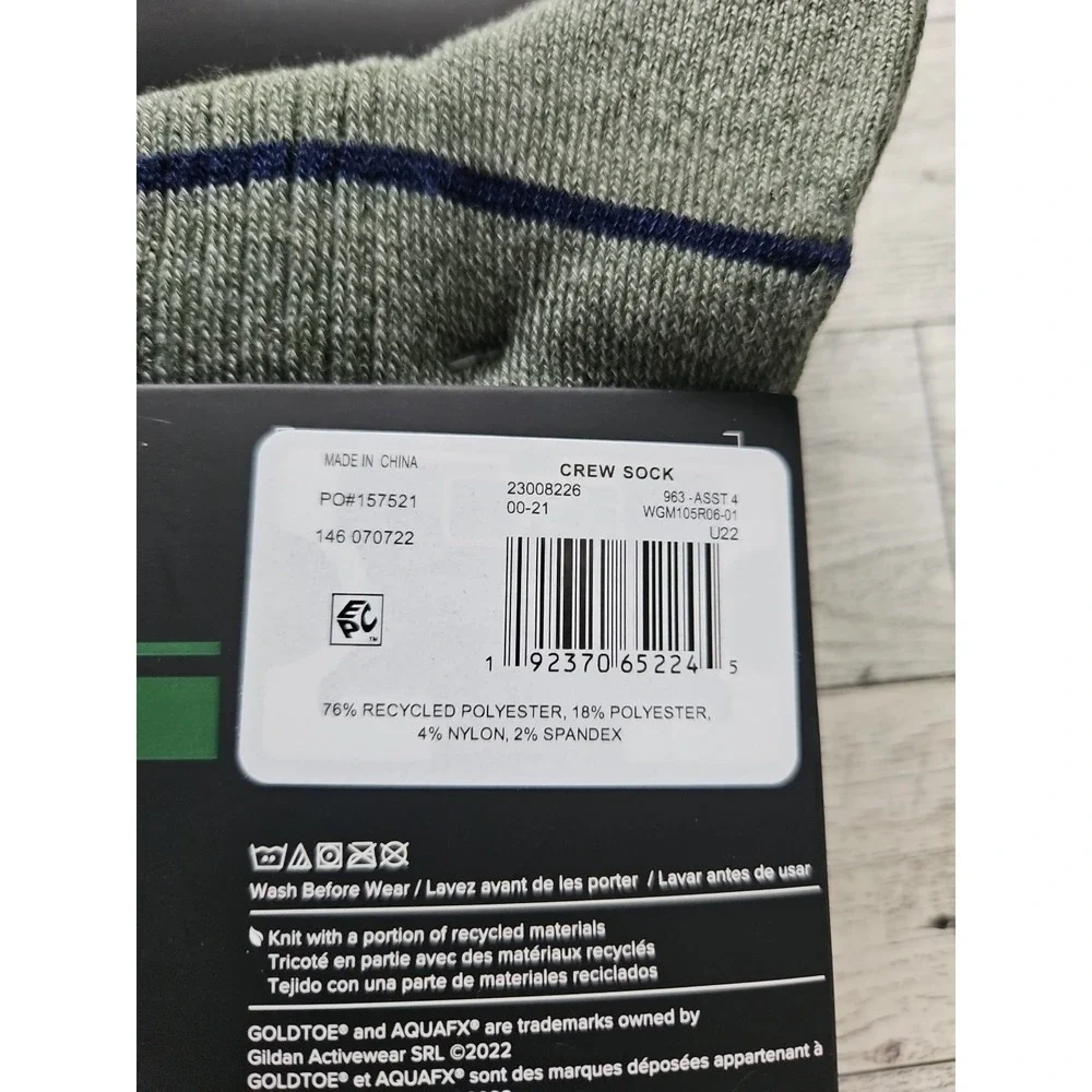 GOLDTOE Men's Crew Socks Aquafx 12 Pair Shoe Size 6-12.5 Casual Ribbed Striped